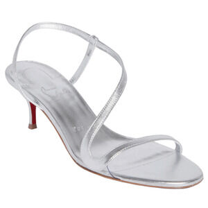 Christian Louboutin Rosalie 55 Silver Ankle Strap Sandal Kitten Heel Pump 37.5